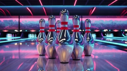 Shiny bowling pins in a vibrant, modern bowling alley.  Neon lighting reflects on polished pins, set on a mirrored lane.  Mountain scenery on screens