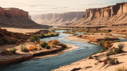 Serene desert river canyon.  Vast canyon landscape with a winding river.  Desert landscape, gentle light