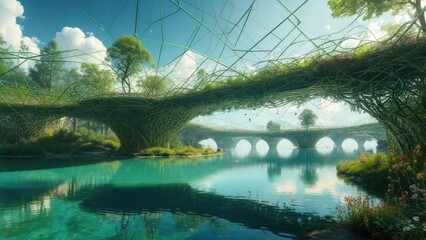 Lush, fantastical bridge over a tranquil lake.  A surreal landscape with vibrant greenery, intricate structures, and a calm waterway