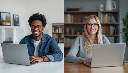 Remote Connection -  image showing a multi-ethnic male on the left and a white female on the right, both working from different locations but connected