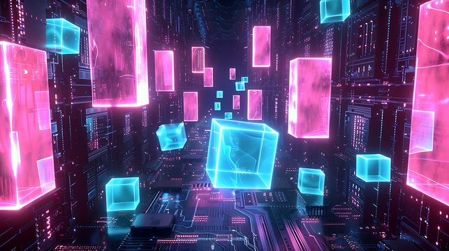 Holographic energy cubes floating between tall pink-blue processors on a glowing dark circuit board .