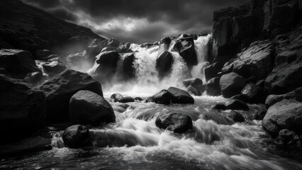 Dramatic grayscale waterfall cascading over rugged rocks