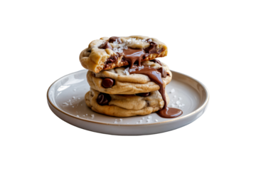 A stack of gooey chocolate chip cookies with a melted center and sea salt isolated on transparent background