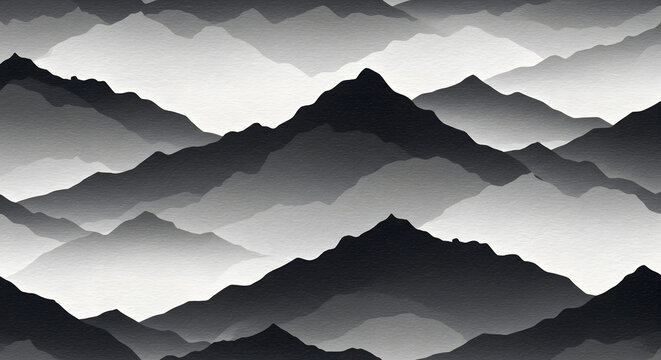 Black and White Mountain Range Panorama: Aerial View of Peaks & Valleys with Layered Fog, Moody Landscape, Atmospheric Nature Scene