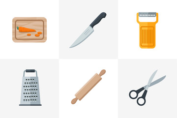 Kitchen prep tools set, cutting board chef knife vegetable peeler box grater rolling pin scissors, food preparation vector, essential icons