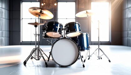 A professional blue drum kit set up in a modern studio room with bright sunlight streaming through large windows.