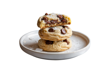 A stack of gooey chocolate chip cookies with a melted center and sea salt isolated on transparent background
