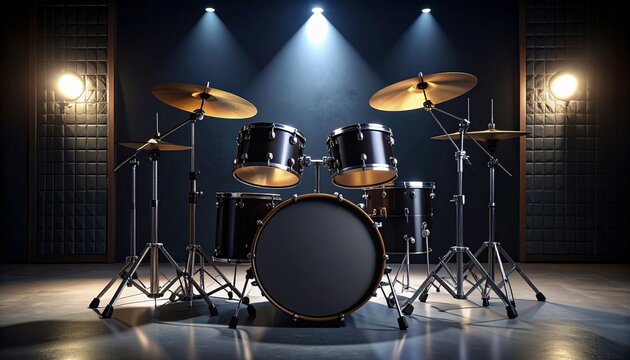 A drum set is illuminated by stage lights, featuring cymbals, snare, bass drum, and toms, set against a dark background.