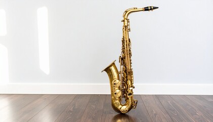 A golden brass saxophone stands upright on a dark wooden floor against a bright white wall.