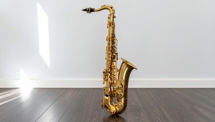 A golden saxophone stands upright on a dark wooden floor against a plain white wall.