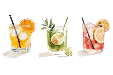 Set of three colorful watercolor cocktails – perfect for menu or flyers
Colorful watercolor cocktail set for menu and flyers
Three bright cocktails in watercolor style.