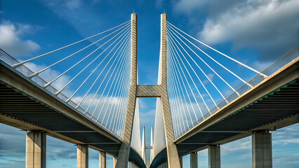 Naklejka premium Modern cablestayed bridge with multiple lanes against a blue sky