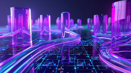 Neon purple and sky-blue chipset towers with curved translucent streams, set on a dark glassy grid .