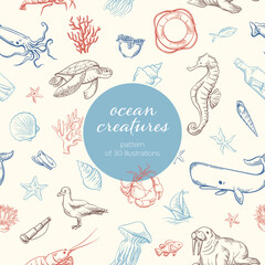 Large collection of underwater world elements. Items for sea travel. Ocean underwater inhabitants. Sea fauna.