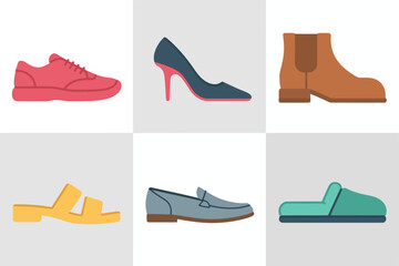 Womens shoe set, sneaker stiletto boot slide flat loafer, fashion footwear vector, boutique style design