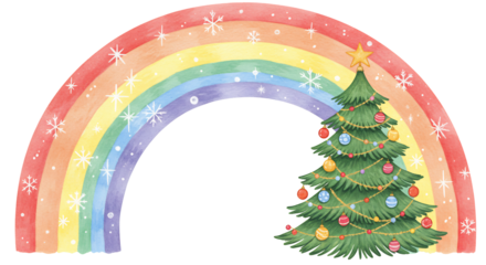 虹とクリスマスツリーの幻想的な風景