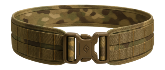 Camouflage pattern tactical belt with MOLLE compatibility for outdoor survival exercises