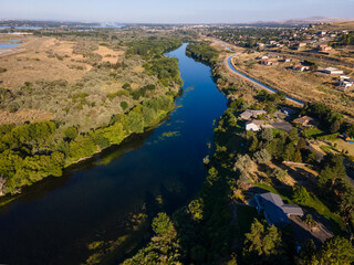 Aerial landscape of Yakima River Valley nature during summer in Kennewick Richland Washington