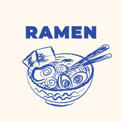 Stylish vector ramen illustration in hand-drawn pencil sketch style. Asian Japanese food and cuisine elements for banners, posters, branding, t-shirt prints, advertising design
