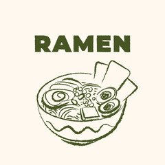 Stylish vector ramen illustration in hand-drawn pencil sketch style. Asian Japanese food and cuisine elements for banners, posters, branding, t-shirt prints, advertising design