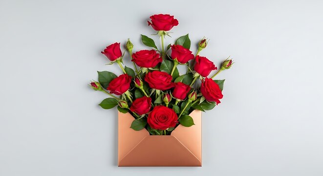 Elegant Bouquet of Red Roses in a Rose Gold Envelope Sending Love and Romance for Special Occasions with a Clean Background - Powered by Adobe