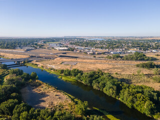 Aerial landscape of Yakima River Valley nature during summer in Kennewick Richland Washington