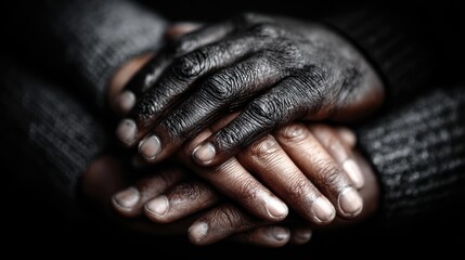 Fototapeta premium Close-up of Interlocked Hands: Dark Skin Tones, Texture and Intimacy