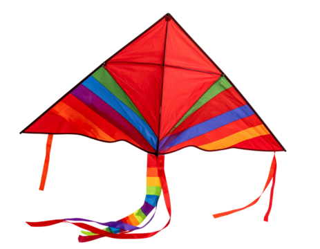 Triangular Red Kite with Rainbow Stripes and Curved Tail, Isolated PNG