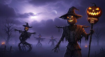 Halloween scene with scarecrows and pumpkin staff