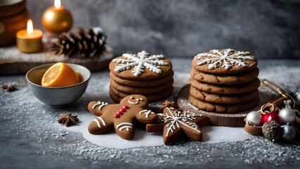 Chocolate chip cookies with Christmas decorations and festive treats