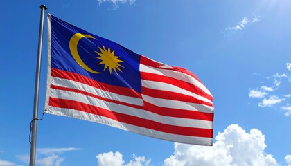 Fototapeta premium Malaysian Flag Waving Proudly Against a Vibrant Blue Sky - National Symbolism and Pride