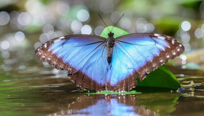 An iridescent blue morpho butterfly rests on a green leaf by the water, wings outstretched
