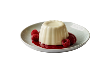 An elegant Italian panna cotta dessert with fresh raspberry sauce isolated on transparent background