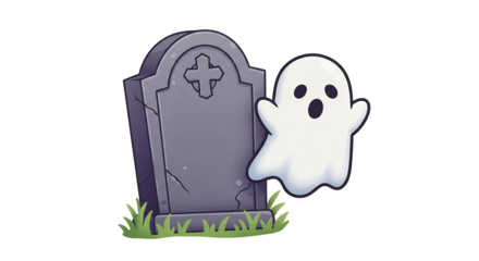 可愛い幽霊と墓石のイラストレーション