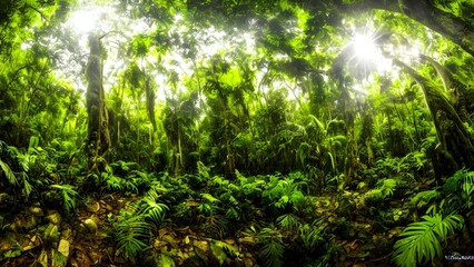 Fototapeta premium Lush green leaves and vibrant grass in a sunlit forest landscape