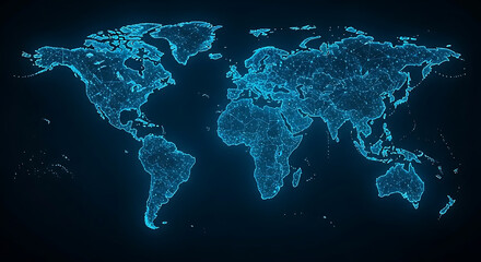 Glowing blue world map with digital network visualization showing global connections, data nodes, and technology communication pathways
