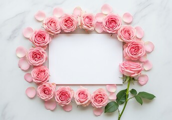 Elegant Pink Roses Frame on Marble Background with Empty White Space for Text or Design Presentation