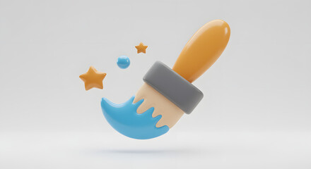 3D Paintbrush with Blue Paint and Sparkling Stars. Creative Digital Art Tool Icon for Design and Inspiration.