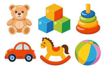 Kids toy icon set, teddy bear, building blocks, stacking rings, toy car, rocking horse, beach ball, cute vector, nursery design
