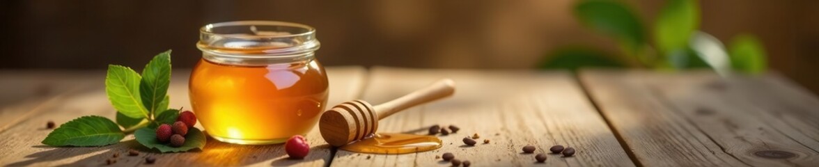 Golden honey in glass jar, wooden dipper  Rustic table ,  table,  overhead