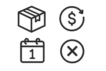 Icons representing online shopping concepts including returns, delivery schedules, and cancellation reminders