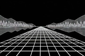 A futuristic, gridded pathway extends into the distance, framed by mirrored, stylized mountains and trees