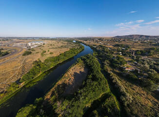 Aerial landscape of Yakima River Valley nature during summer in Kennewick Richland Washington