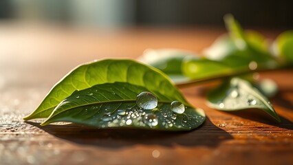 Close-up of fresh tea leaves on a wooden surface, glistening with morning dew under soft natural light.