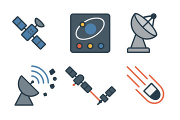 Various satellite and space exploration icons showing communication technology and cosmic observation methods