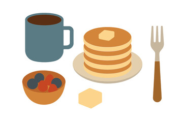 Delicious breakfast featuring pancakes, coffee, and fresh fruit served on a cozy morning table