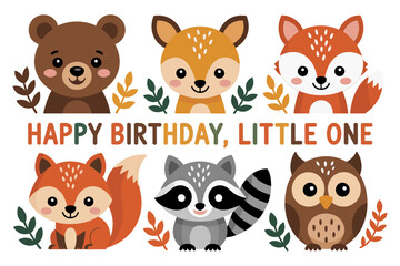 Forest animals birthday card, bear fox raccoon owl deer banner vector, woodland party illustration, nursery invitation clipart, kids celebration design