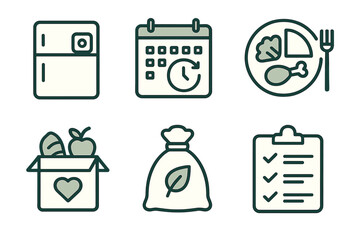 Food management and preparation icons for efficient meal planning and organization in a household setting