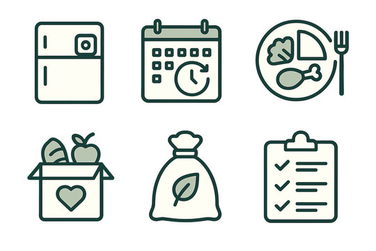 Food management and preparation icons for efficient meal planning and organization in a household setting