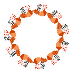 Autumn acorn with oak leaf and rowan berry wreath. Circle frame template for greeting cards or prints. Cozy flat illustration.